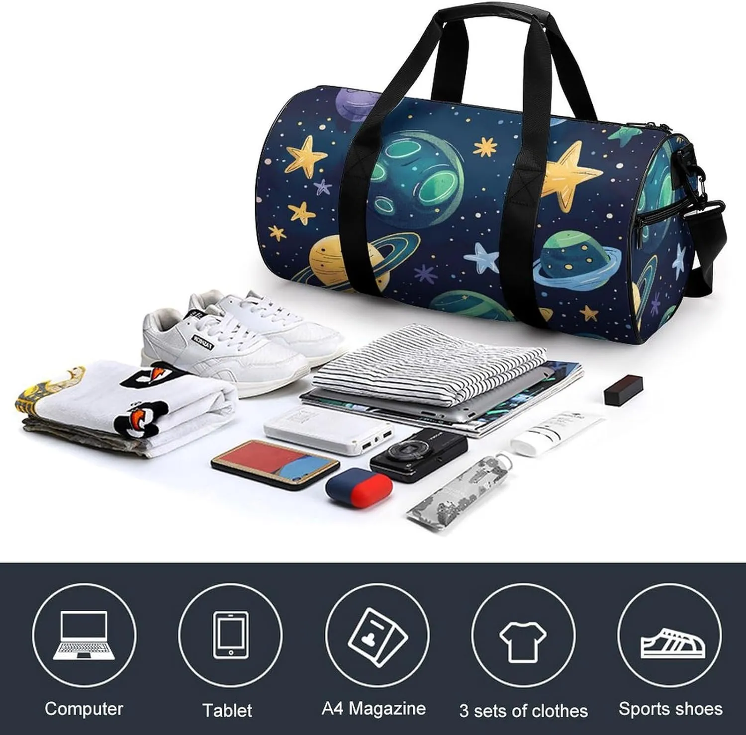 Sports Gym Bag for Women Men Travel Duffel Bag Cartoon Style Space Weekender Bag Canvas Carry on Overnight Bag for Travel Swimming Fitness Workout Sports Duffle Bag