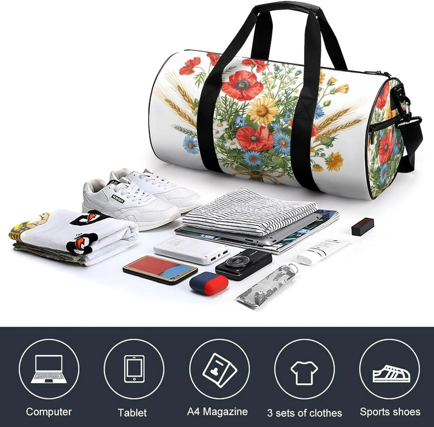 Sports Gym Bag for Women Men Travel Duffel Bag Daisy Bouquet Retro Weekender Bag Canvas Carry on Overnight Bag for Travel Swimming Fitness Workout Sports Duffle Bag