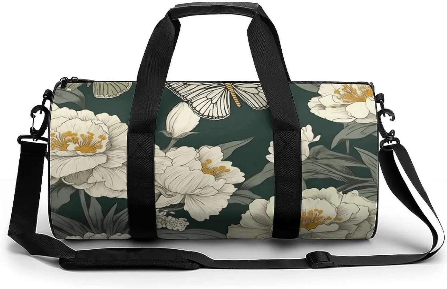 Sports Gym Bag for Women Men Travel Duffel Bag Flowers And Green Stripes Weekender Bag Canvas Carry on Overnight Bag for Travel Swimming Fitness Workout Sports Duffle Bag