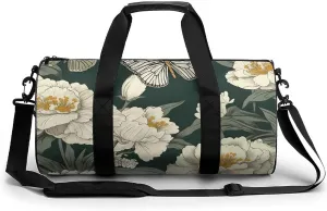 Sports Gym Bag for Women Men Travel Duffel Bag Flowers And Green Stripes Weekender Bag Canvas Carry on Overnight Bag for Travel Swimming Fitness Workout Sports Duffle Bag