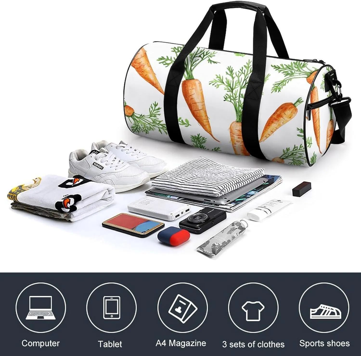 Sports Gym Bag for Women Men Travel Duffel Bag Fresh Carrot Pattern Weekender Bag Canvas Carry on Overnight Bag for Travel Swimming Fitness Workout Sports Duffle Bag, 17.7in/9in/9in, style