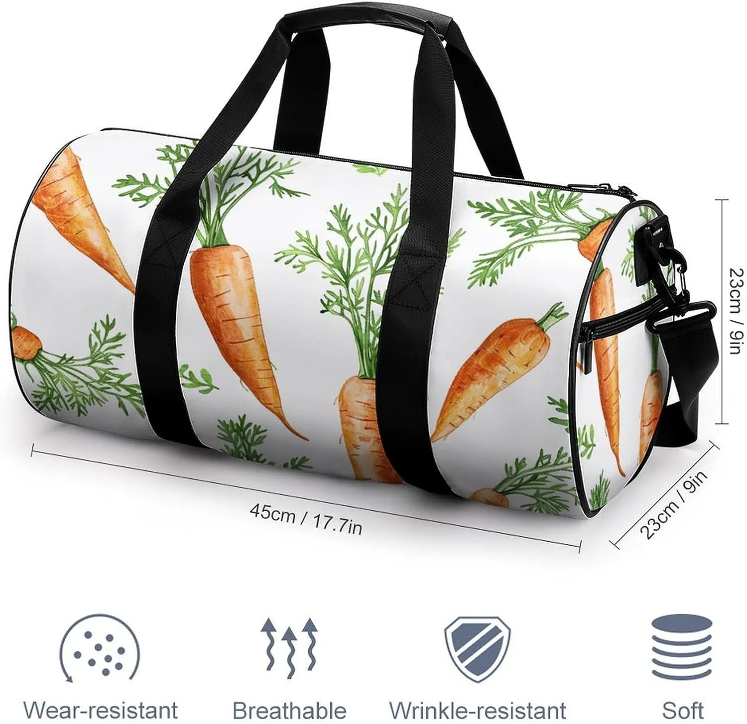 Sports Gym Bag for Women Men Travel Duffel Bag Fresh Carrot Pattern Weekender Bag Canvas Carry on Overnight Bag for Travel Swimming Fitness Workout Sports Duffle Bag, 17.7in/9in/9in, style