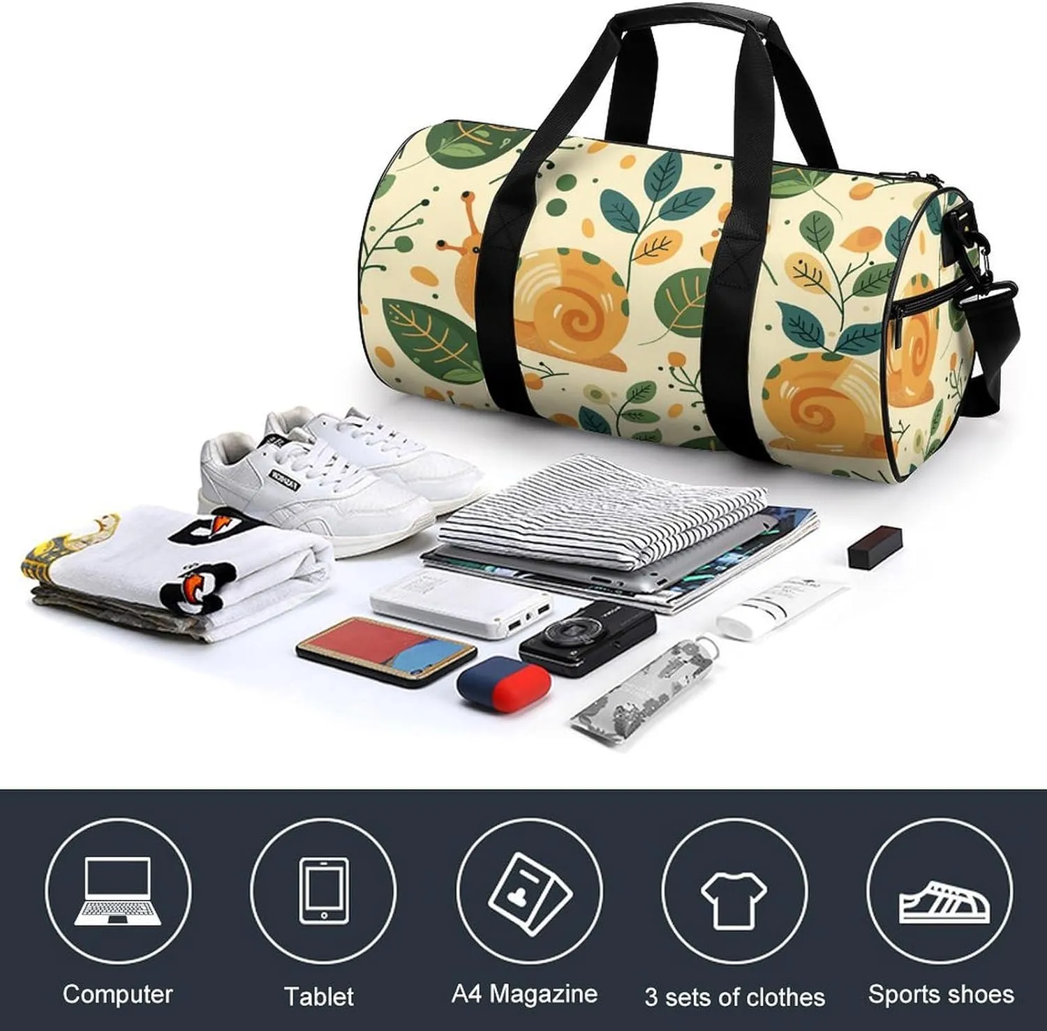 Sports Gym Bag for Women Men Travel Duffel Bag Green Little Snail Weekender Bag Canvas Carry on Overnight Bag for Travel Swimming Fitness Workout Sports Duffle Bag