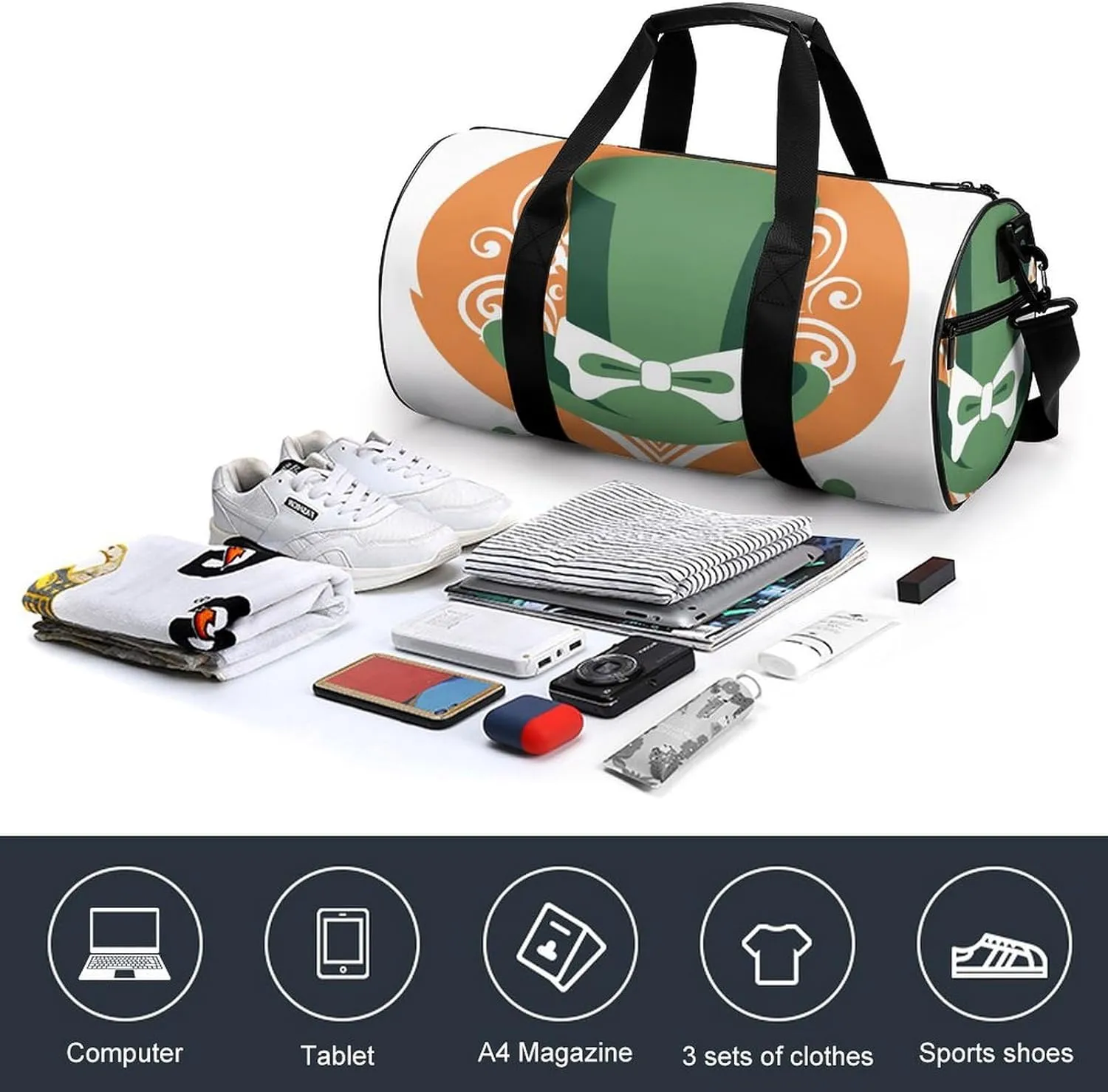 Sports Gym Bag for Women Men Travel Duffel Bag Hand Drawn Green Hat Weekender Bag Canvas Carry on Overnight Bag for Travel Swimming Fitness Workout Sports Duffle Bag, 17.7in/9in/9in, style-1-1