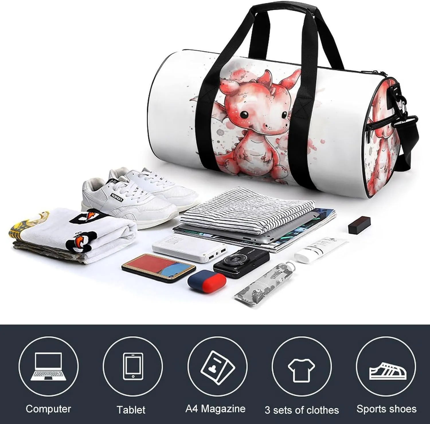 Sports Gym Bag for Women Men Travel Duffel Bag Ink Style Dragon Weekender Bag Canvas Carry on Overnight Bag for Travel Swimming Fitness Workout Sports Duffle Bag, 17.7in/9in/9in
