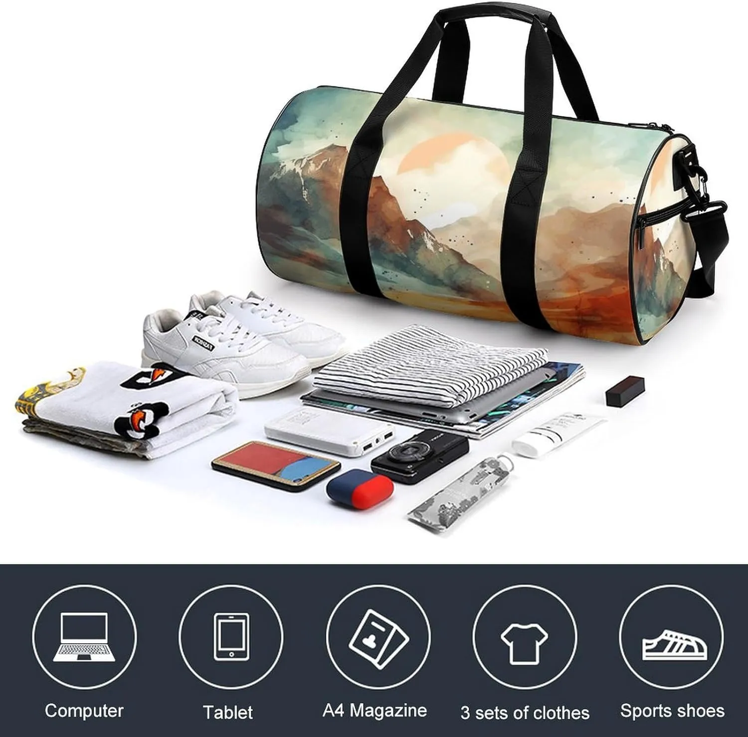 Sports Gym Bag for Women Men Travel Duffel Bag Mountains And Sun Weekender Bag Canvas Carry on Overnight Bag for Travel Swimming Fitness Workout Sports Duffle Bag