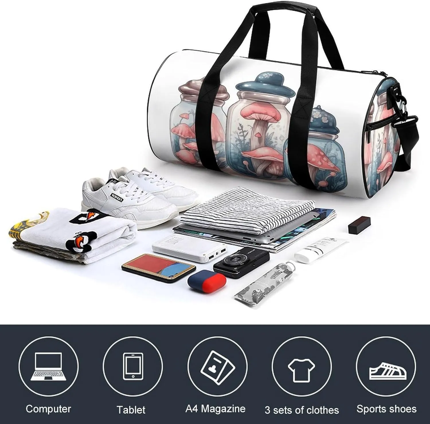 Sports Gym Bag for Women Men Travel Duffel Bag Mushrooms And Jars Weekender Bag Canvas Carry on Overnight Bag for Travel Swimming Fitness Workout Sports Duffle Bag, 17.7in/9in/9in, style-1-2