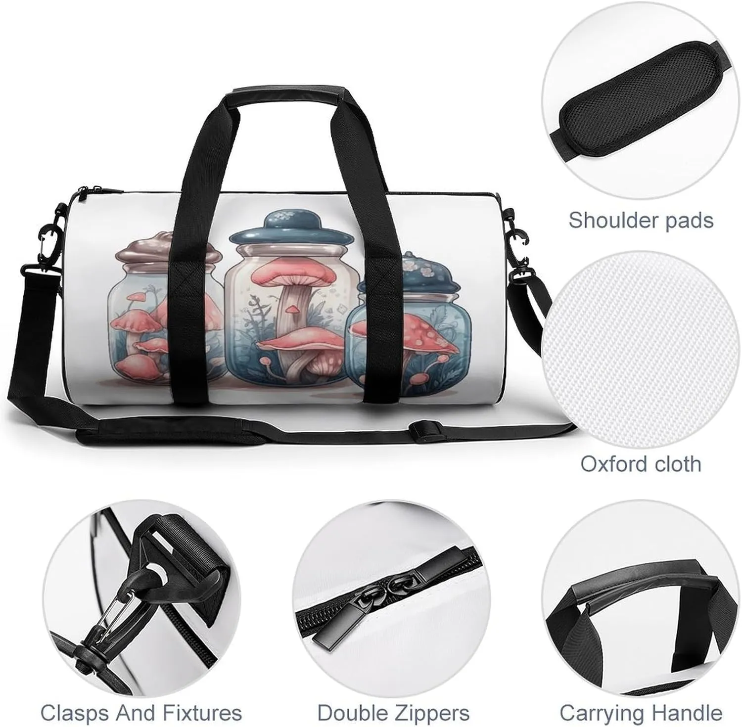 Sports Gym Bag for Women Men Travel Duffel Bag Mushrooms And Jars Weekender Bag Canvas Carry on Overnight Bag for Travel Swimming Fitness Workout Sports Duffle Bag, 17.7in/9in/9in, style-1-2