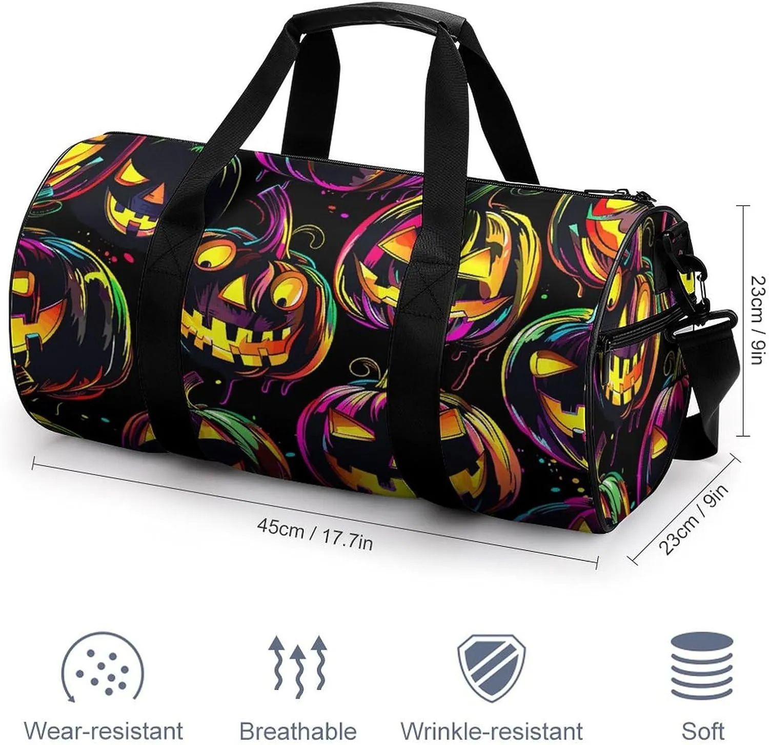 Sports Gym Bag for Women Men Travel Duffel Bag Neon Pumpkin Pattern Weekender Bag Canvas Carry on Overnight Bag for Travel Swimming Fitness Workout Sports Duffle Bag