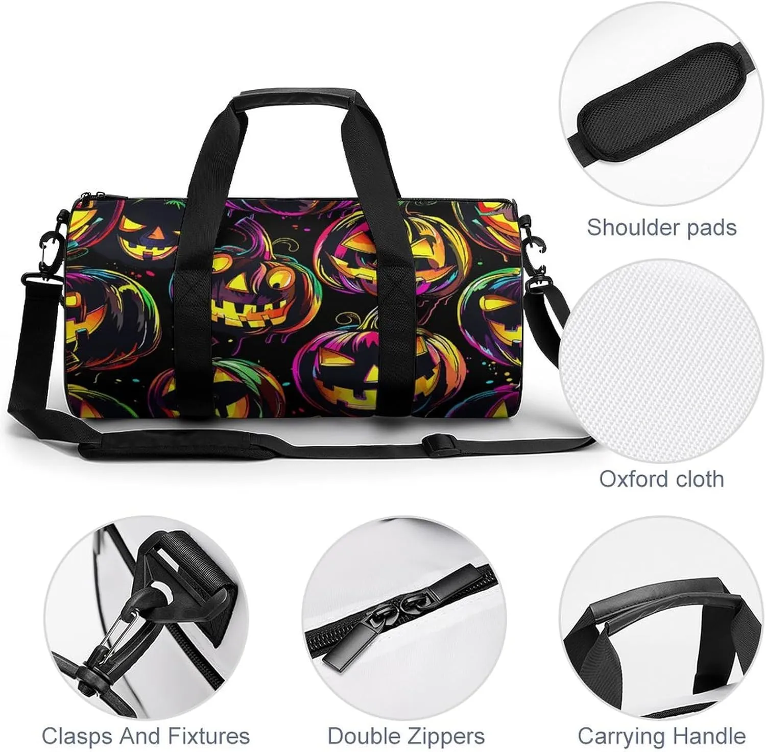 Sports Gym Bag for Women Men Travel Duffel Bag Neon Pumpkin Pattern Weekender Bag Canvas Carry on Overnight Bag for Travel Swimming Fitness Workout Sports Duffle Bag