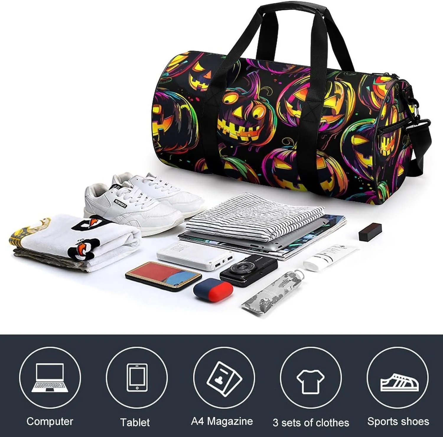 Sports Gym Bag for Women Men Travel Duffel Bag Neon Pumpkin Pattern Weekender Bag Canvas Carry on Overnight Bag for Travel Swimming Fitness Workout Sports Duffle Bag