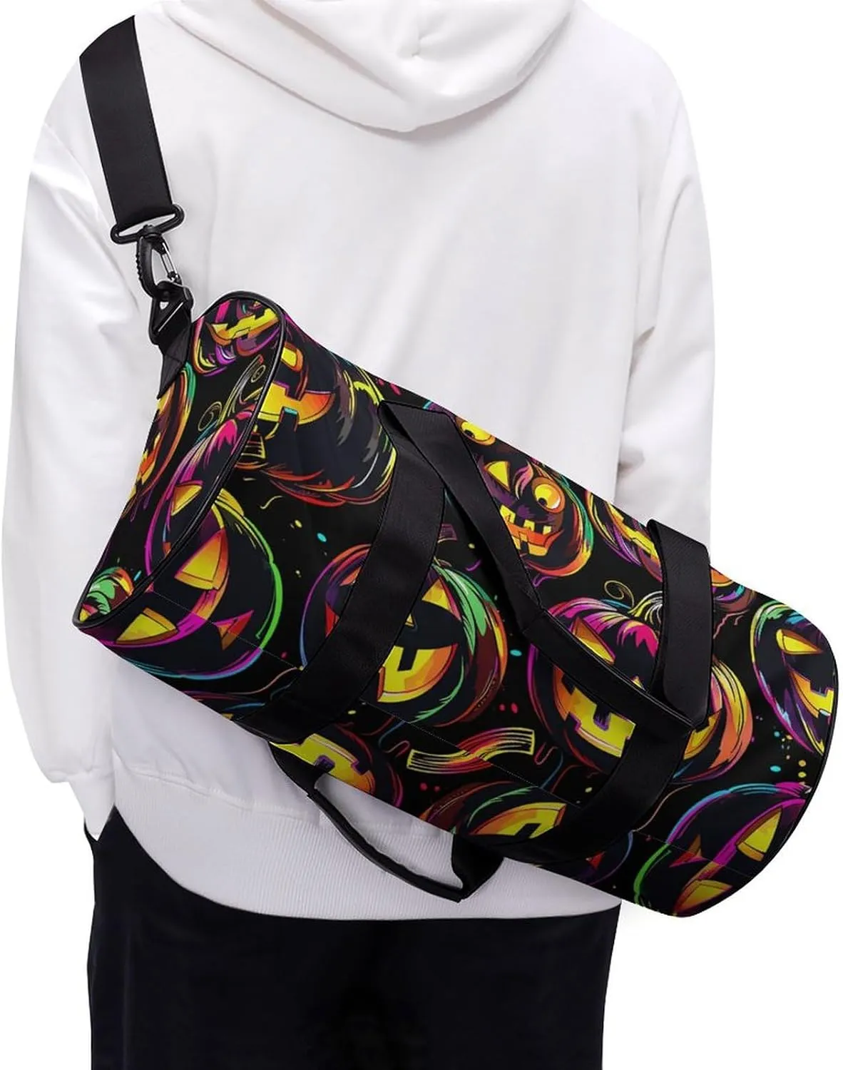 Sports Gym Bag for Women Men Travel Duffel Bag Neon Pumpkin Pattern Weekender Bag Canvas Carry on Overnight Bag for Travel Swimming Fitness Workout Sports Duffle Bag