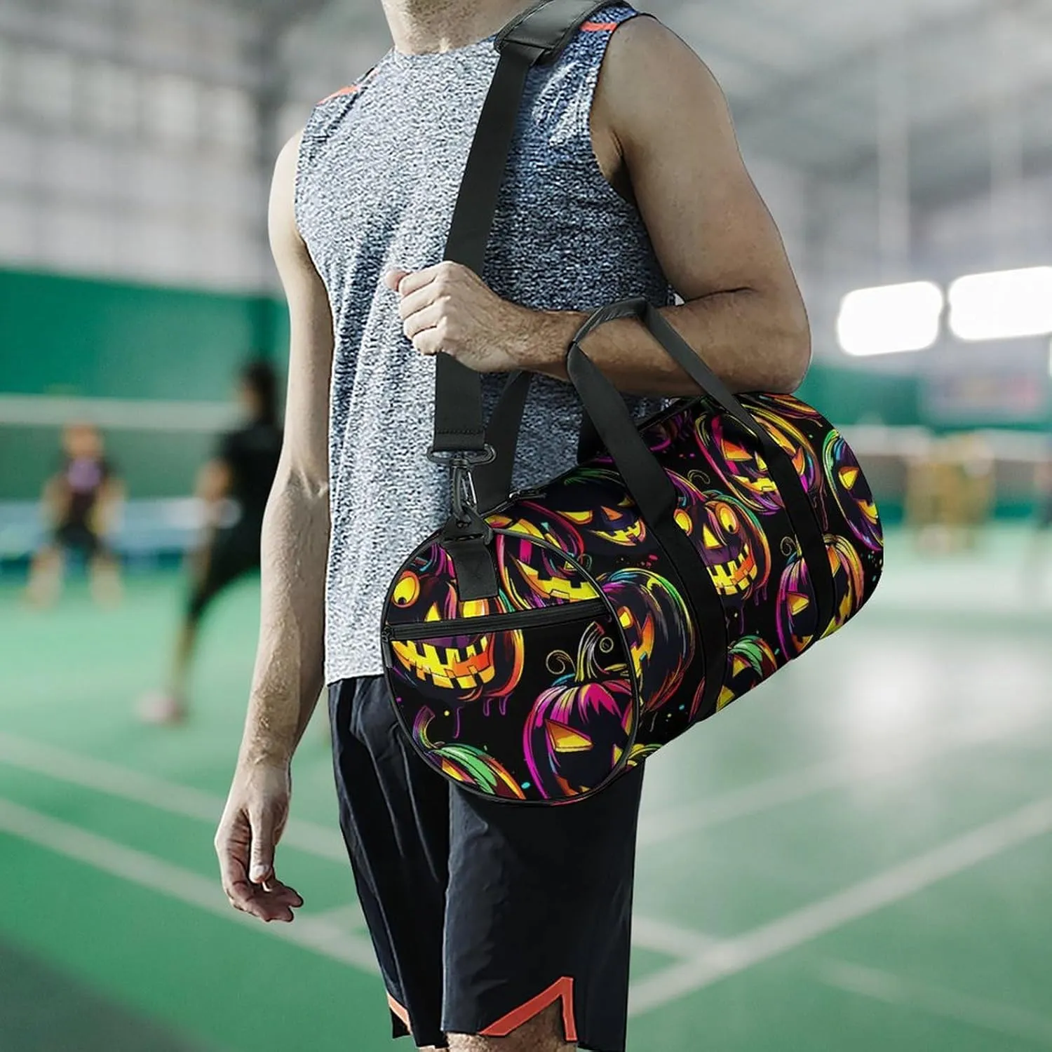 Sports Gym Bag for Women Men Travel Duffel Bag Neon Pumpkin Pattern Weekender Bag Canvas Carry on Overnight Bag for Travel Swimming Fitness Workout Sports Duffle Bag