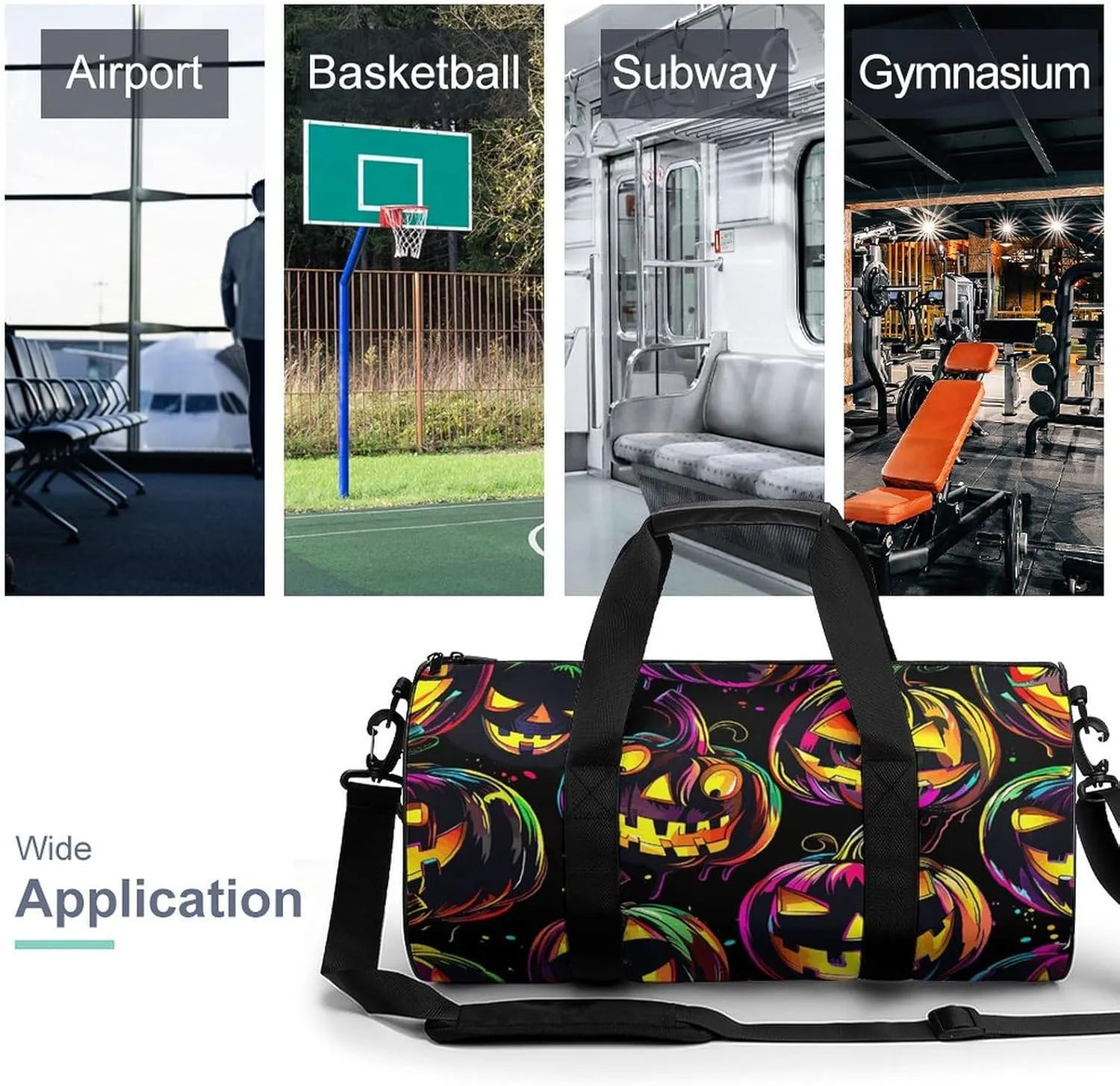 Sports Gym Bag for Women Men Travel Duffel Bag Neon Pumpkin Pattern Weekender Bag Canvas Carry on Overnight Bag for Travel Swimming Fitness Workout Sports Duffle Bag