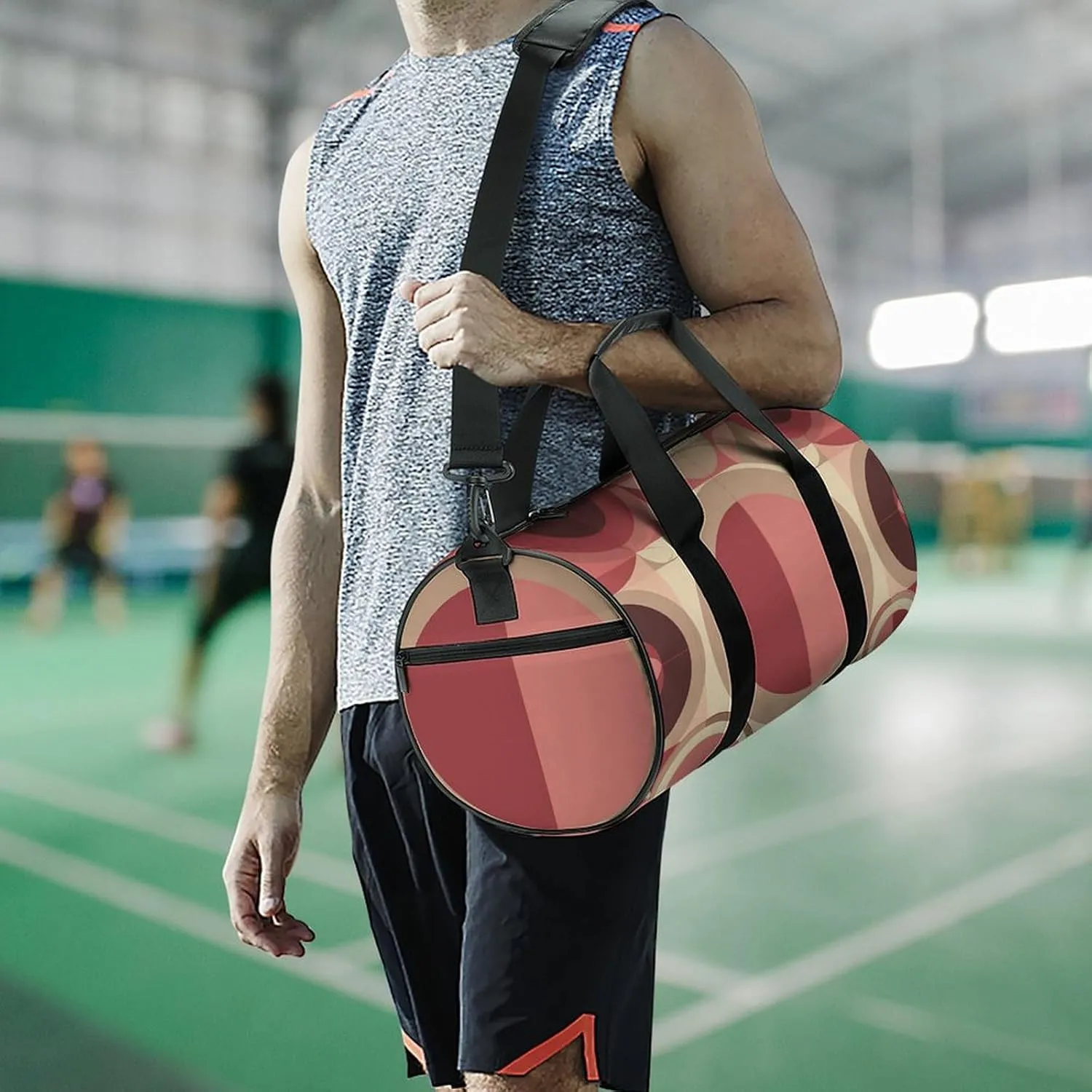 Sports Gym Bag for Women Men Travel Duffel Bag Red with Circles Weekender Bag Canvas Carry on Overnight Bag for Travel Swimming Fitness Workout Sports Duffle Bag, 17.7in/9in/9in, style-1-1