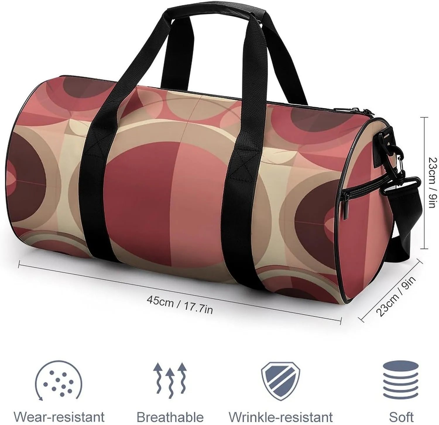 Sports Gym Bag for Women Men Travel Duffel Bag Red with Circles Weekender Bag Canvas Carry on Overnight Bag for Travel Swimming Fitness Workout Sports Duffle Bag, 17.7in/9in/9in, style-1-1