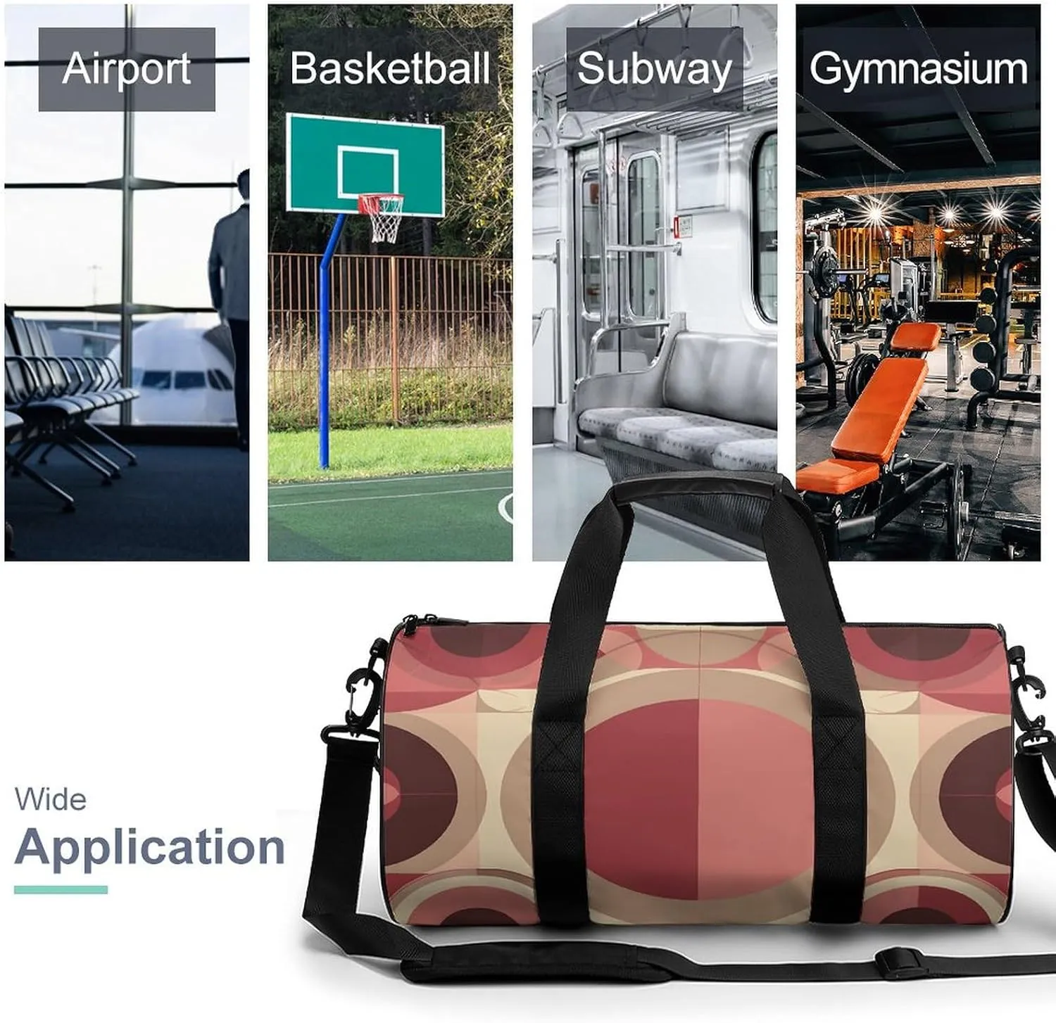 Sports Gym Bag for Women Men Travel Duffel Bag Red with Circles Weekender Bag Canvas Carry on Overnight Bag for Travel Swimming Fitness Workout Sports Duffle Bag, 17.7in/9in/9in, style-1-1