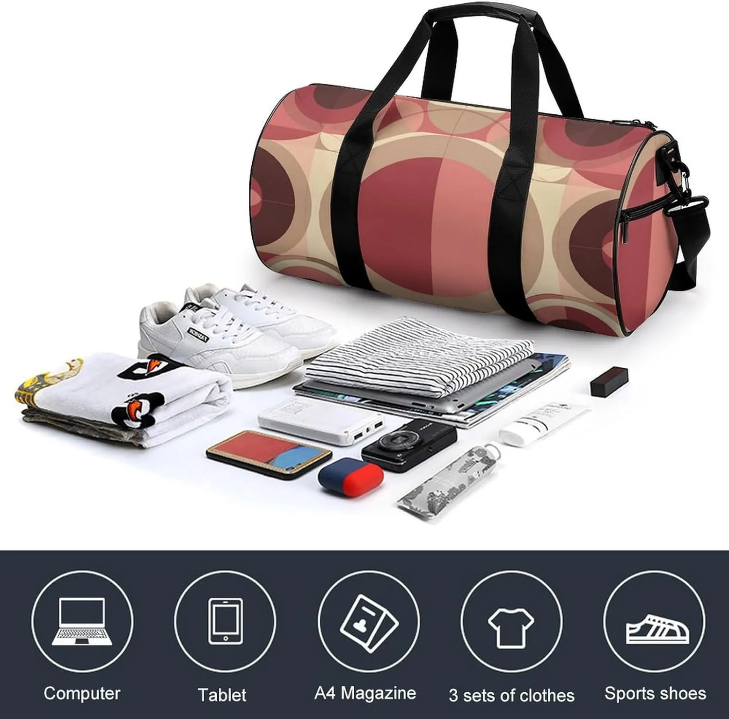 Sports Gym Bag for Women Men Travel Duffel Bag Red with Circles Weekender Bag Canvas Carry on Overnight Bag for Travel Swimming Fitness Workout Sports Duffle Bag, 17.7in/9in/9in, style-1-1