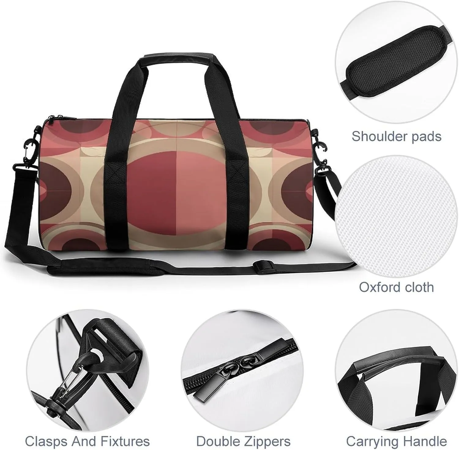 Sports Gym Bag for Women Men Travel Duffel Bag Red with Circles Weekender Bag Canvas Carry on Overnight Bag for Travel Swimming Fitness Workout Sports Duffle Bag, 17.7in/9in/9in, style-1-1