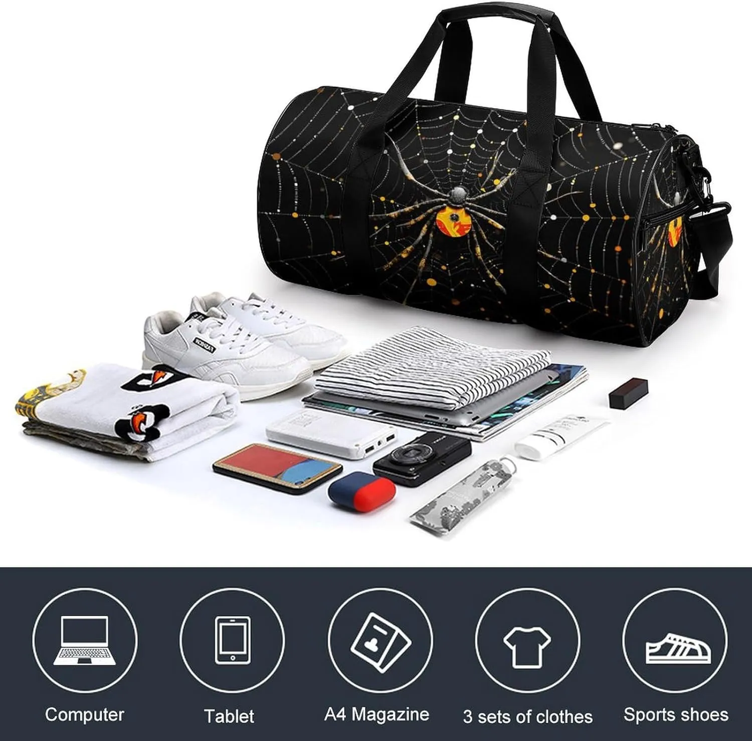 Sports Gym Bag for Women Men Travel Duffel Bag Spider in Web Weekender Bag Canvas Carry on Overnight Bag for Travel Swimming Fitness Workout Sports Duffle Bag, 17.7in/9in/9in, style-1