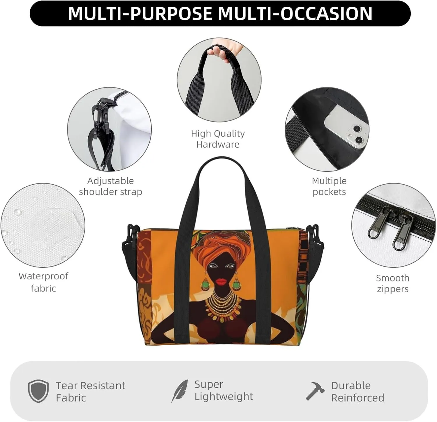 Sports Gym Bag for Women Men Travel Duffel Bag Tote African Woman Weekender Bag Canvas Carry on Overnight Bag for Travel Swimming Fitness Workout Sports Duffle Bag