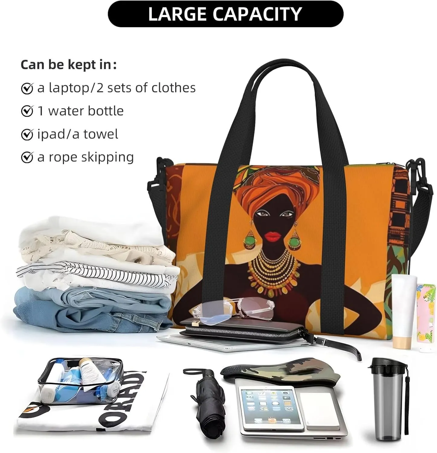 Sports Gym Bag for Women Men Travel Duffel Bag Tote African Woman Weekender Bag Canvas Carry on Overnight Bag for Travel Swimming Fitness Workout Sports Duffle Bag