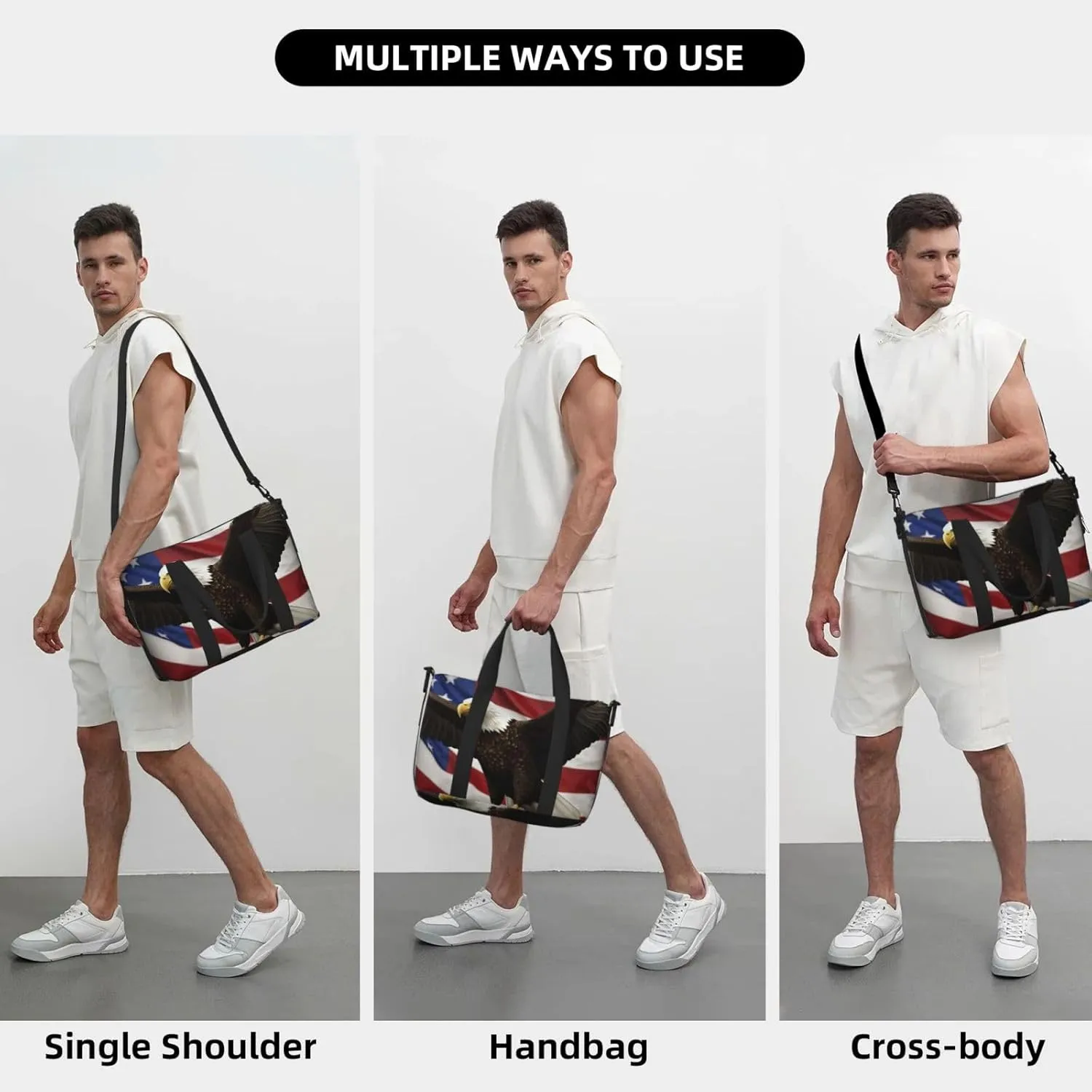 Sports Gym Bag for Women Men Travel Duffel Bag Tote American Flag Fly Eagle Weekender Bag Canvas Carry on Overnight Bag for Travel Swimming Fitness Workout Sports Duffle Bag