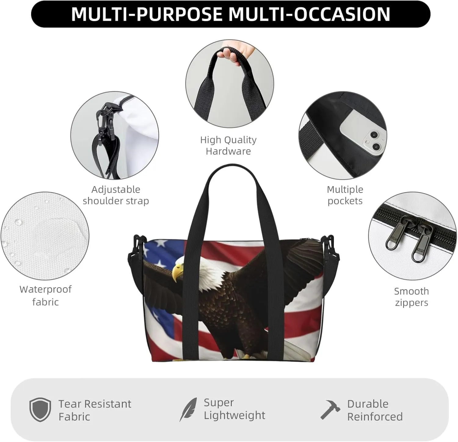 Sports Gym Bag for Women Men Travel Duffel Bag Tote American Flag Fly Eagle Weekender Bag Canvas Carry on Overnight Bag for Travel Swimming Fitness Workout Sports Duffle Bag