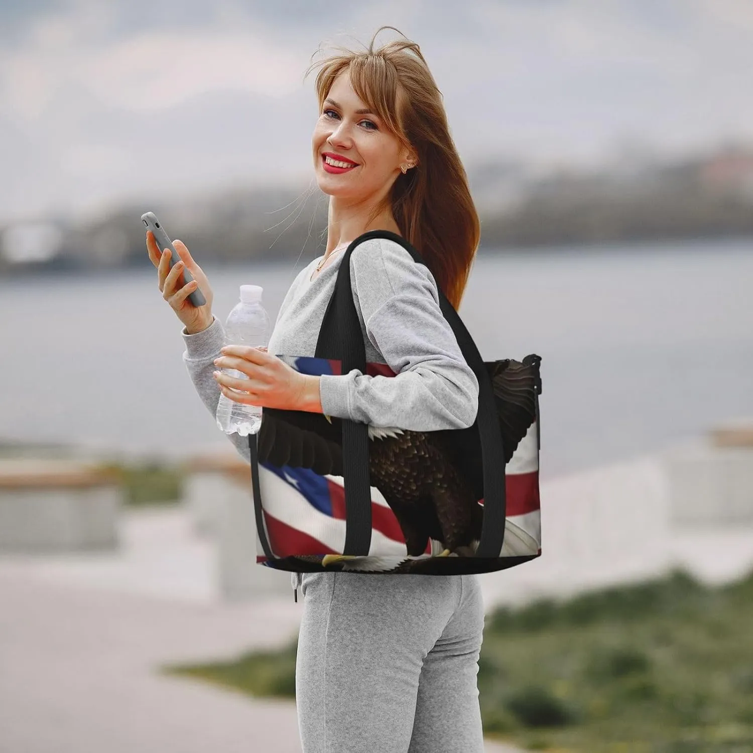 Sports Gym Bag for Women Men Travel Duffel Bag Tote American Flag Fly Eagle Weekender Bag Canvas Carry on Overnight Bag for Travel Swimming Fitness Workout Sports Duffle Bag