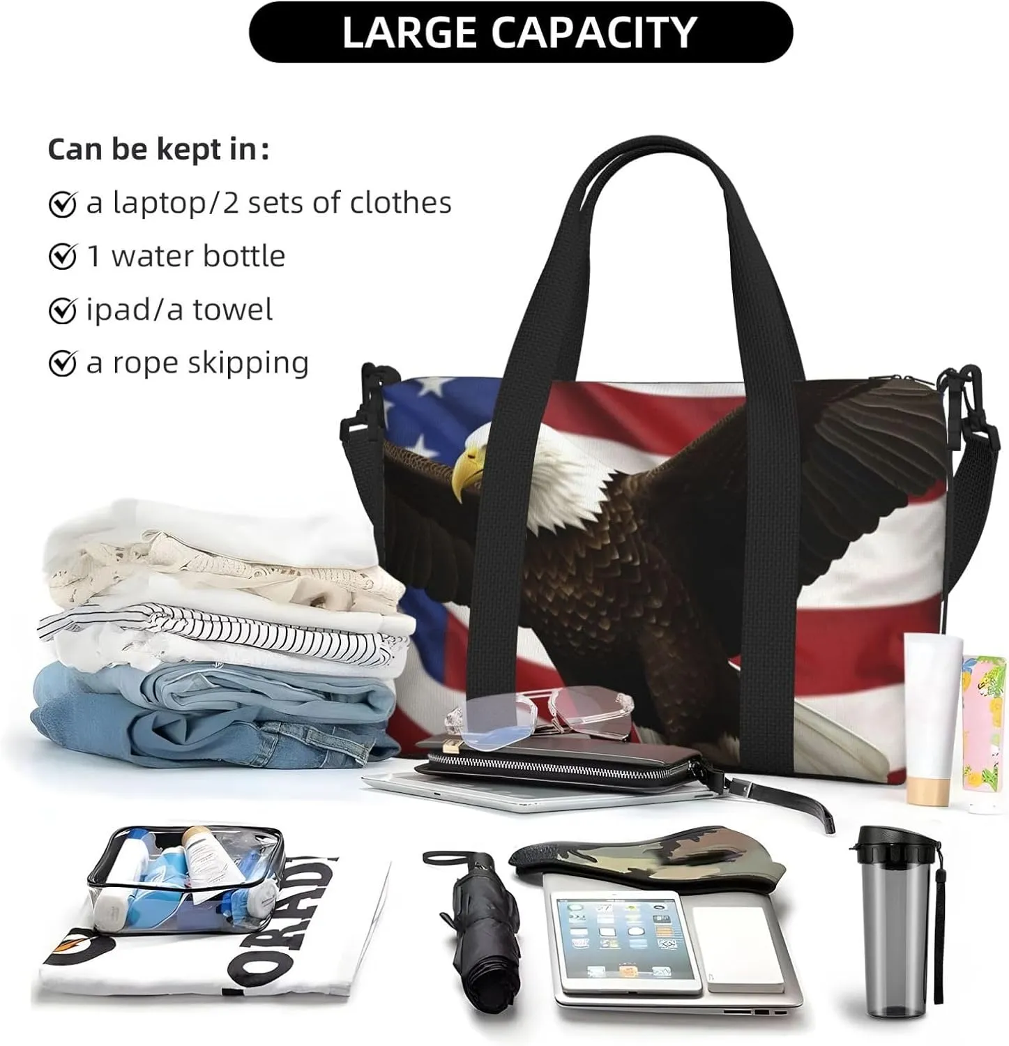 Sports Gym Bag for Women Men Travel Duffel Bag Tote American Flag Fly Eagle Weekender Bag Canvas Carry on Overnight Bag for Travel Swimming Fitness Workout Sports Duffle Bag
