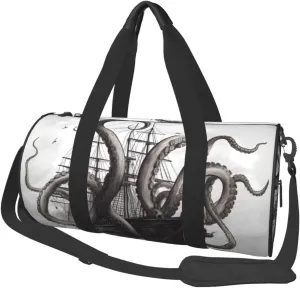 Sports Gym Bag for Women Men Travel Duffel Bag Tote Black and White Octopus and Ship Weekender Bag Canvas Carry on Overnight Bag for Travel Swimming Fitness Workout Sports Duffle Bag