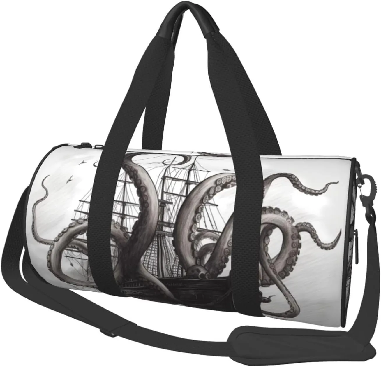 Sports Gym Bag for Women Men Travel Duffel Bag Tote Black and White Octopus and Ship Weekender Bag Canvas Carry on Overnight Bag for Travel Swimming Fitness Workout Sports Duffle Bag