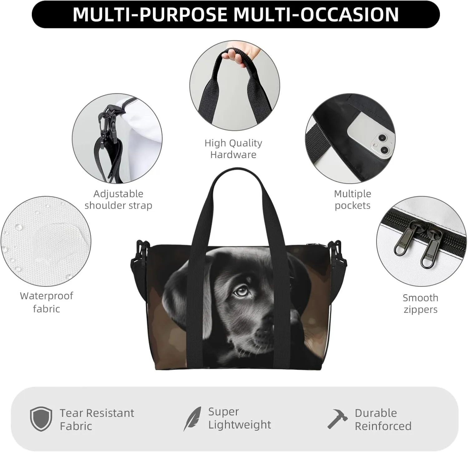 Sports Gym Bag for Women Men Travel Duffel Bag Tote Black Labrador Puppy Weekender Bag Canvas Carry on Overnight Bag for Travel Swimming Fitness Workout Sports Duffle Bag