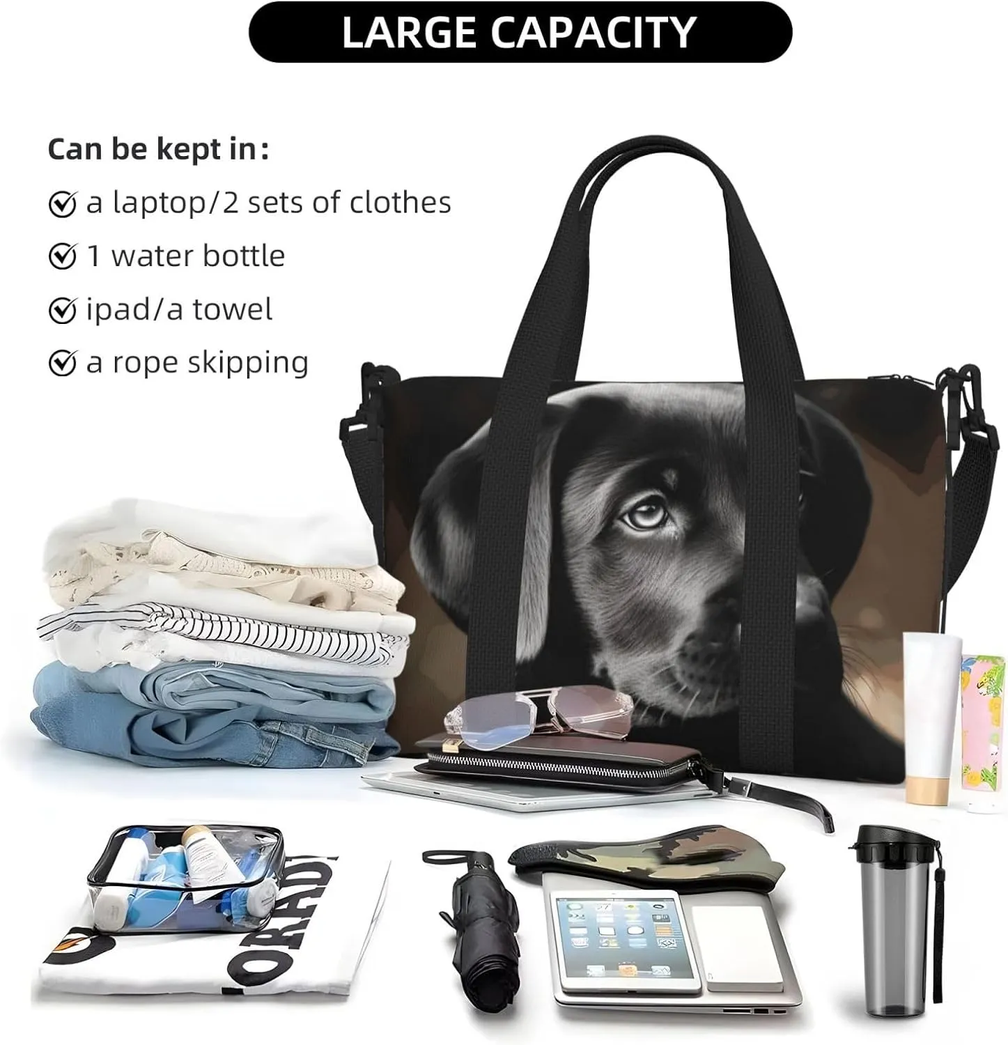 Sports Gym Bag for Women Men Travel Duffel Bag Tote Black Labrador Puppy Weekender Bag Canvas Carry on Overnight Bag for Travel Swimming Fitness Workout Sports Duffle Bag