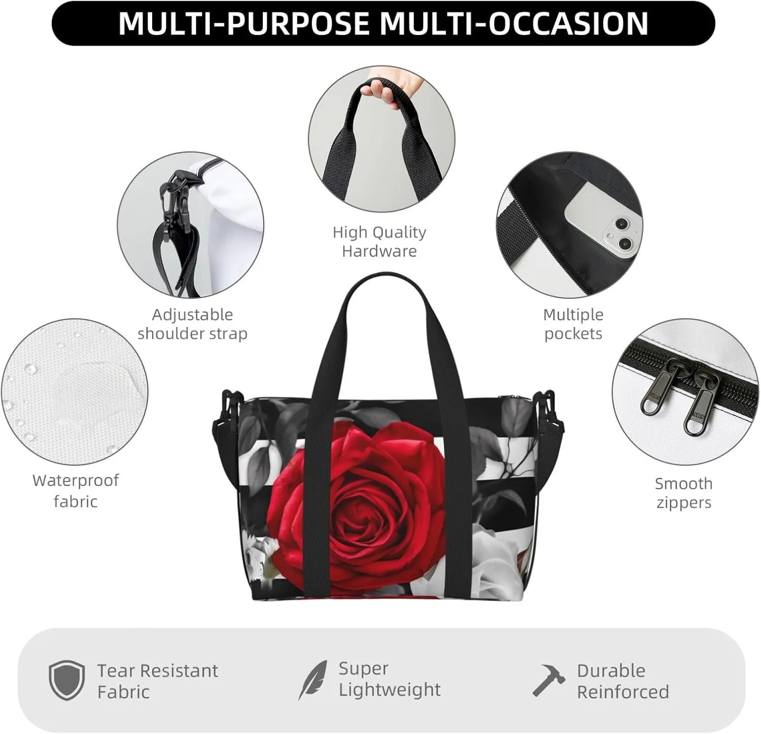 Sports Gym Bag for Women Men Travel Duffel Bag Tote Black White Stripes Red Rose Flowers Weekender Bag Canvas Carry on Overnight Bag for Travel Swimming Fitness Workout Sports Duffle Bag