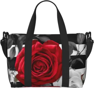 Sports Gym Bag for Women Men Travel Duffel Bag Tote Black White Stripes Red Rose Flowers Weekender Bag Canvas Carry on Overnight Bag for Travel Swimming Fitness Workout Sports Duffle Bag