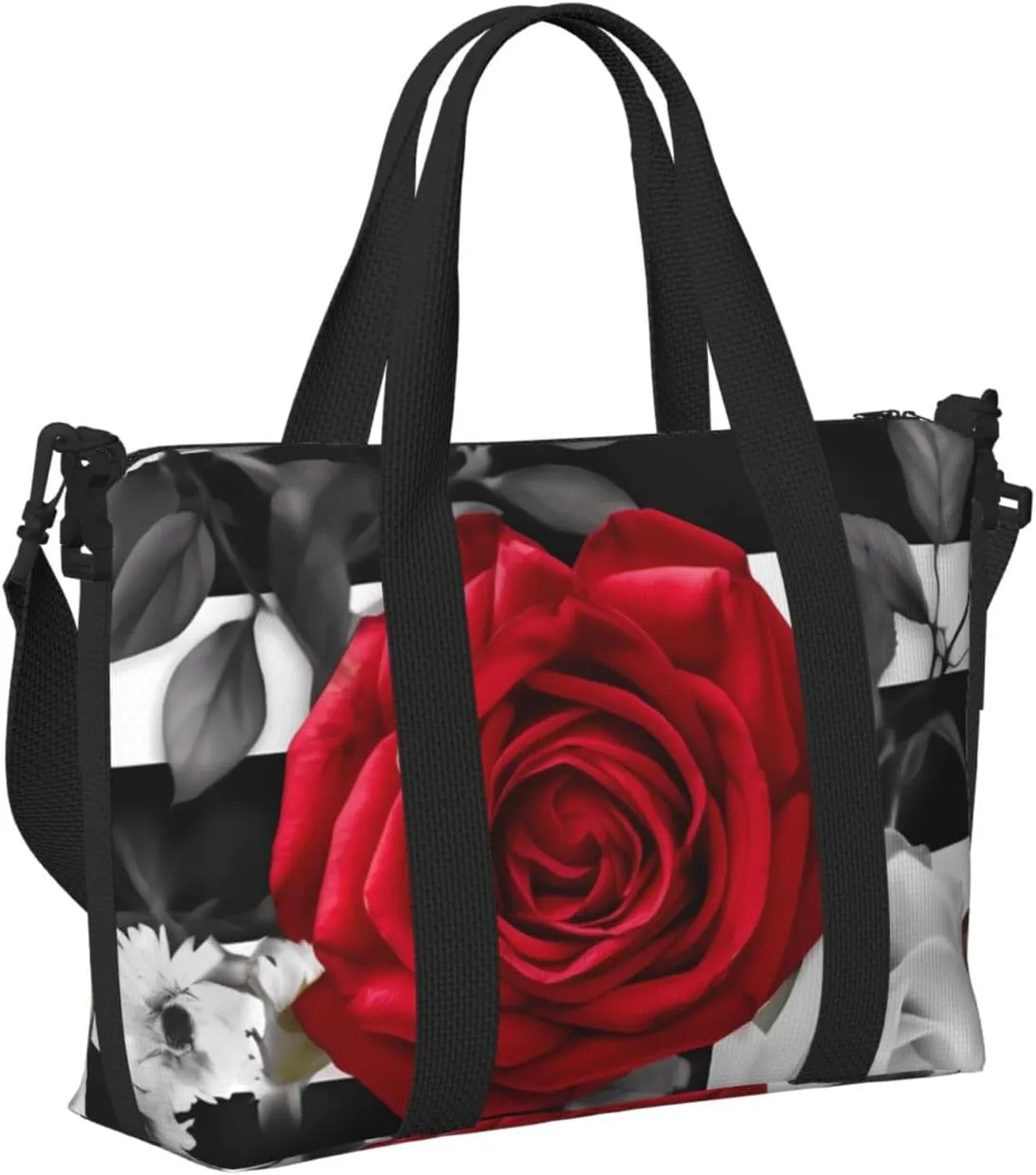 Sports Gym Bag for Women Men Travel Duffel Bag Tote Black White Stripes Red Rose Flowers Weekender Bag Canvas Carry on Overnight Bag for Travel Swimming Fitness Workout Sports Duffle Bag