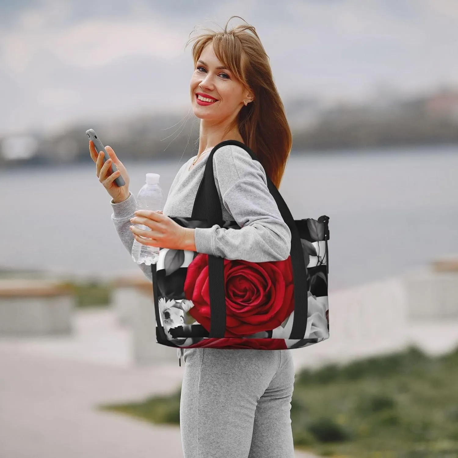 Sports Gym Bag for Women Men Travel Duffel Bag Tote Black White Stripes Red Rose Flowers Weekender Bag Canvas Carry on Overnight Bag for Travel Swimming Fitness Workout Sports Duffle Bag