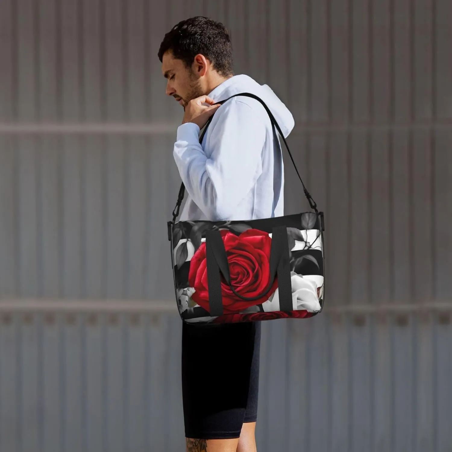Sports Gym Bag for Women Men Travel Duffel Bag Tote Black White Stripes Red Rose Flowers Weekender Bag Canvas Carry on Overnight Bag for Travel Swimming Fitness Workout Sports Duffle Bag
