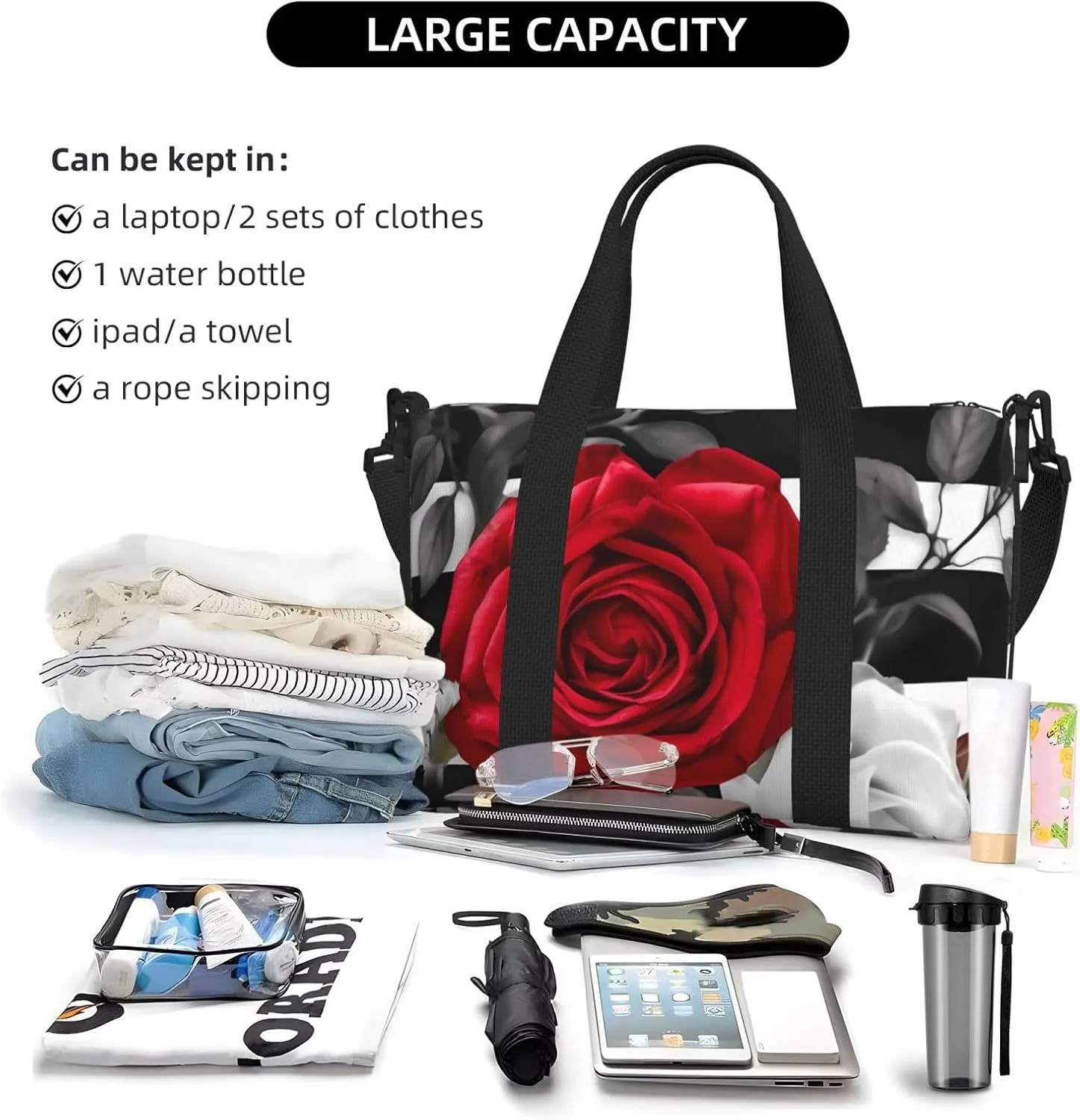 Sports Gym Bag for Women Men Travel Duffel Bag Tote Black White Stripes Red Rose Flowers Weekender Bag Canvas Carry on Overnight Bag for Travel Swimming Fitness Workout Sports Duffle Bag