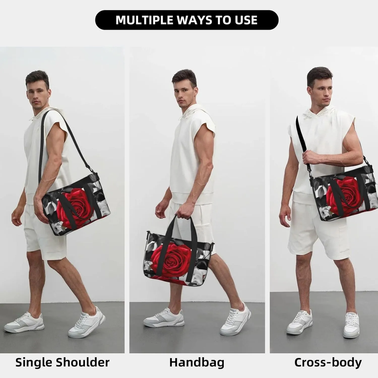 Sports Gym Bag for Women Men Travel Duffel Bag Tote Black White Stripes Red Rose Flowers Weekender Bag Canvas Carry on Overnight Bag for Travel Swimming Fitness Workout Sports Duffle Bag