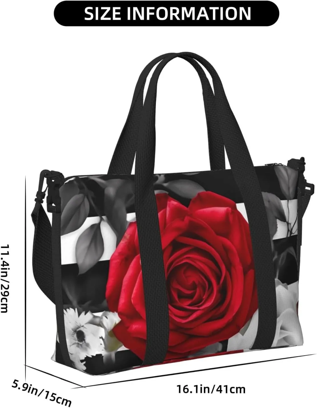Sports Gym Bag for Women Men Travel Duffel Bag Tote Black White Stripes Red Rose Flowers Weekender Bag Canvas Carry on Overnight Bag for Travel Swimming Fitness Workout Sports Duffle Bag