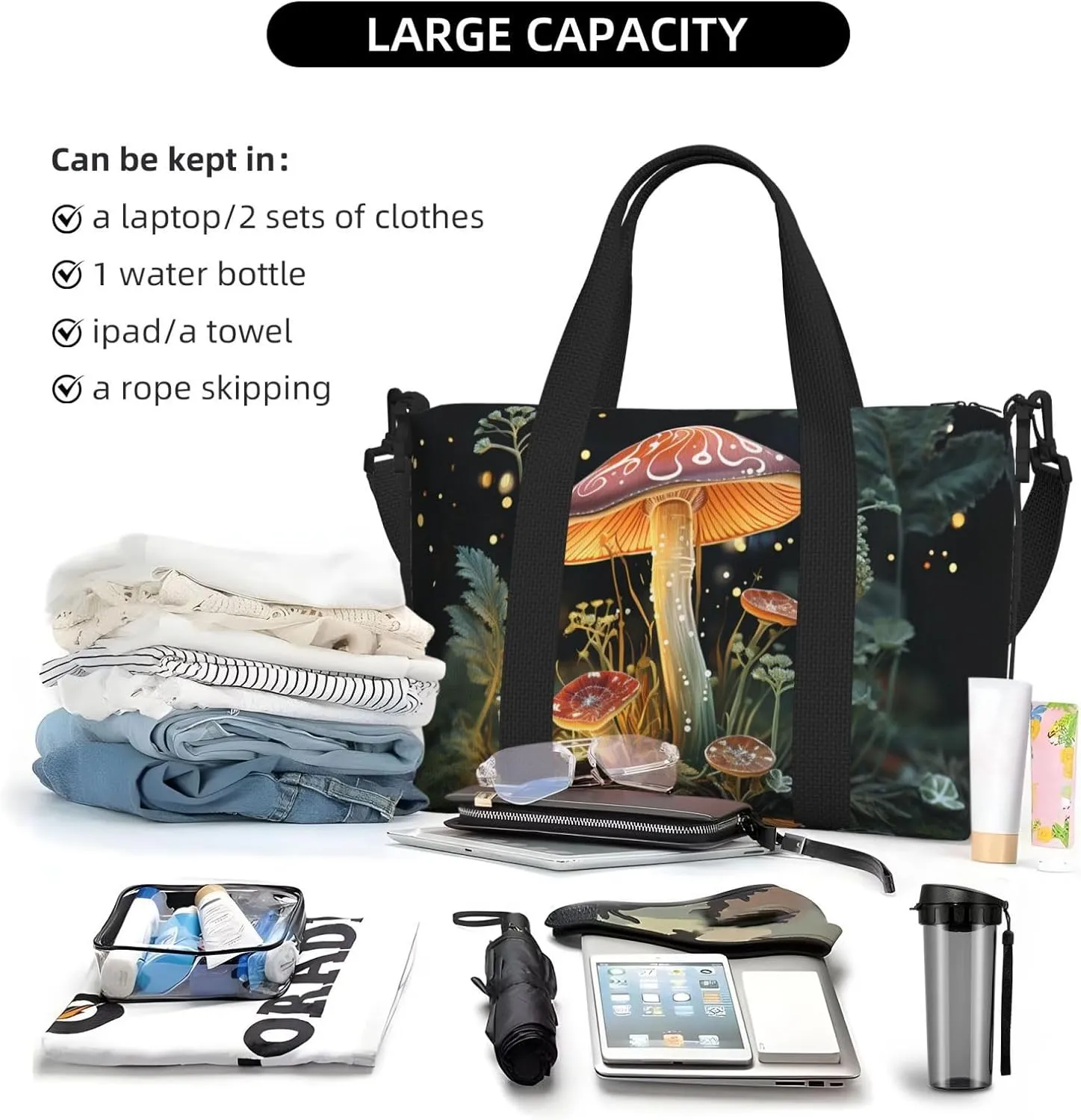 Sports Gym Bag for Women Men Travel Duffel Bag Tote Butterfly Mushroom Weekender Bag Canvas Carry on Overnight Bag for Travel Swimming Fitness Workout Sports Duffle Bag