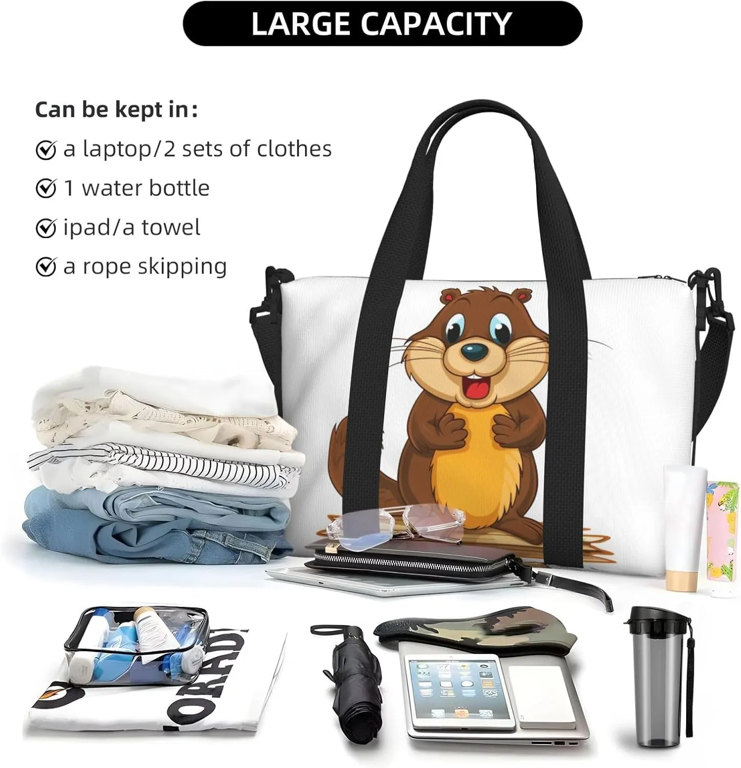 Sports Gym Bag for Women Men Travel Duffel Bag Tote Cartoon animated beaver Weekender Bag Canvas Carry on Overnight Bag for Travel Swimming Fitness Workout Sports Duffle Bag