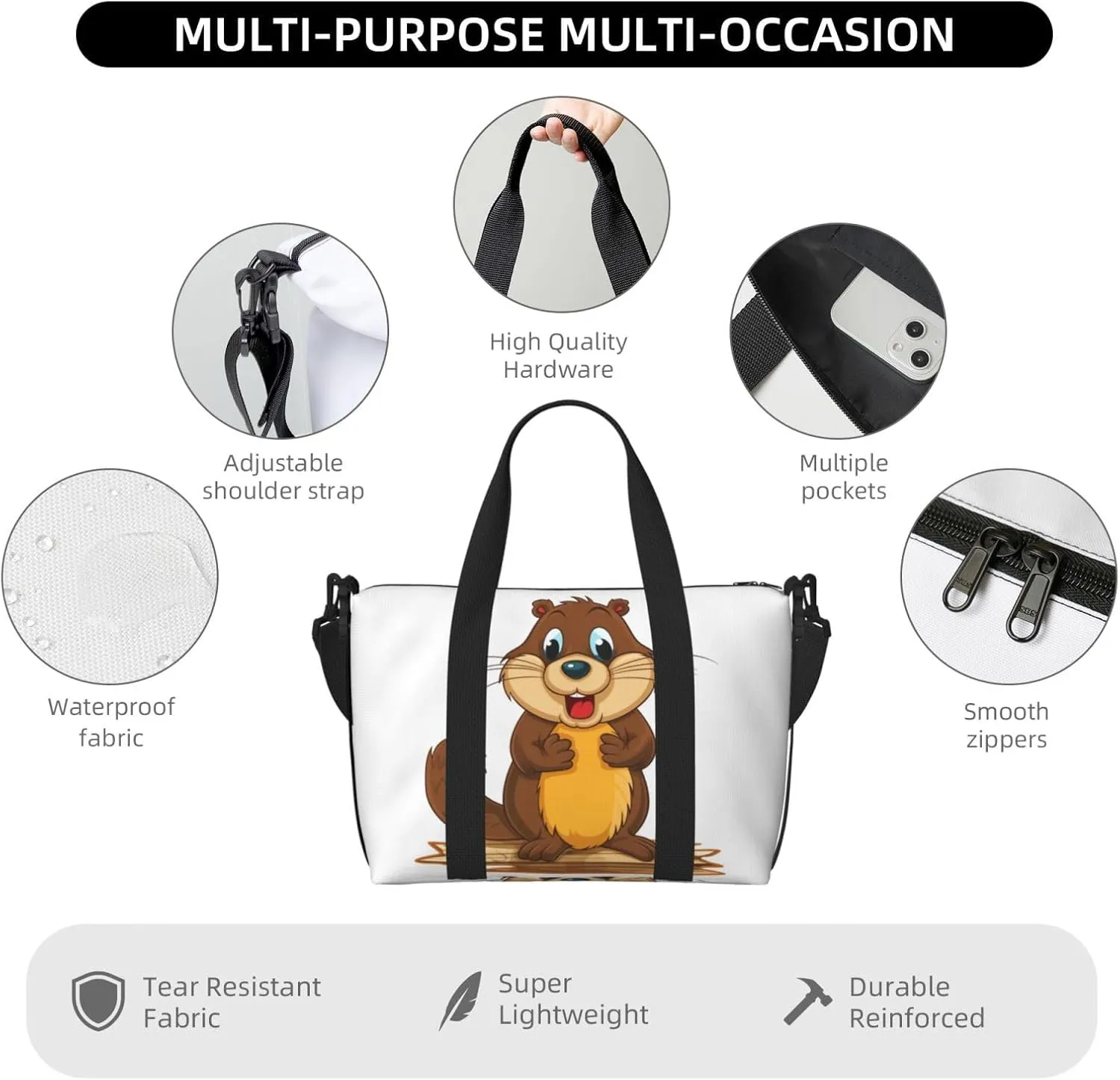 Sports Gym Bag for Women Men Travel Duffel Bag Tote Cartoon animated beaver Weekender Bag Canvas Carry on Overnight Bag for Travel Swimming Fitness Workout Sports Duffle Bag