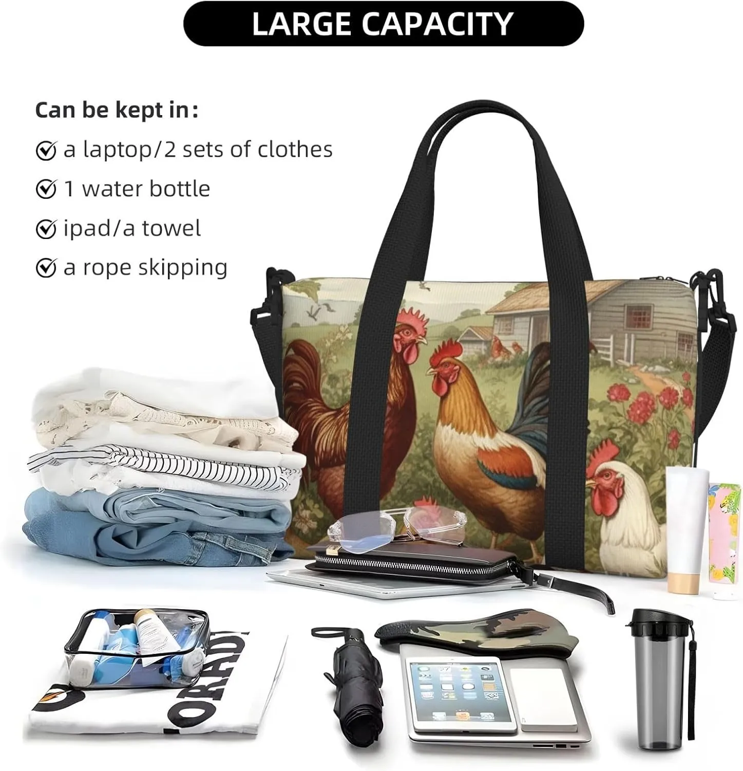 Sports Gym Bag for Women Men Travel Duffel Bag Tote Chickens and Farm Weekender Bag Canvas Carry on Overnight Bag for Travel Swimming Fitness Workout Sports Duffle Bag
