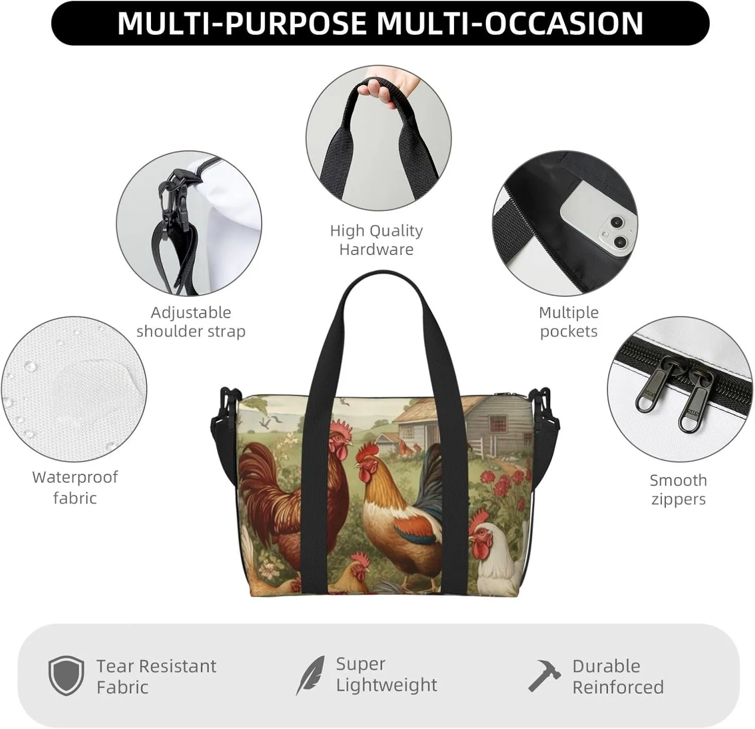Sports Gym Bag for Women Men Travel Duffel Bag Tote Chickens and Farm Weekender Bag Canvas Carry on Overnight Bag for Travel Swimming Fitness Workout Sports Duffle Bag