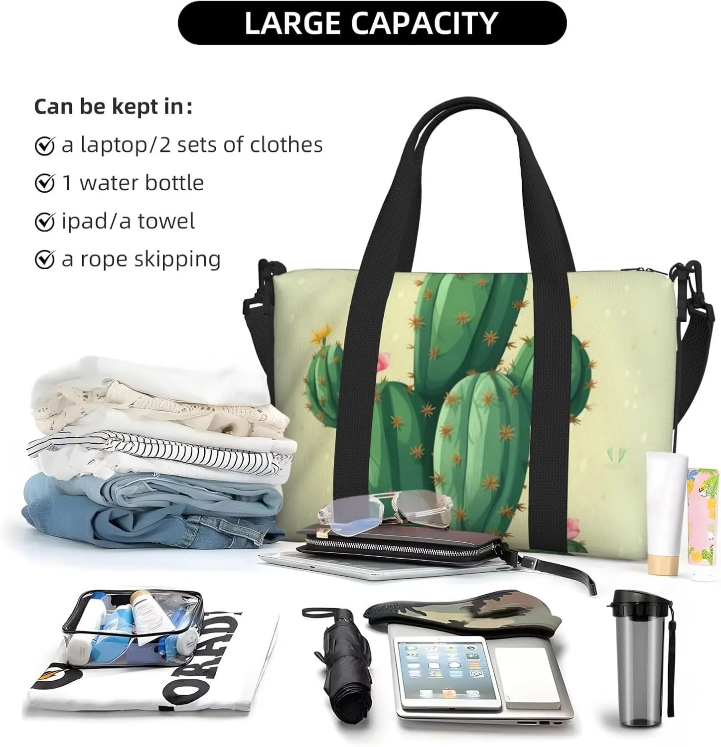 Sports Gym Bag for Women Men Travel Duffel Bag Tote Cute Cactus Weekender Bag Canvas Carry on Overnight Bag for Travel Swimming Fitness Workout Sports Duffle Bag