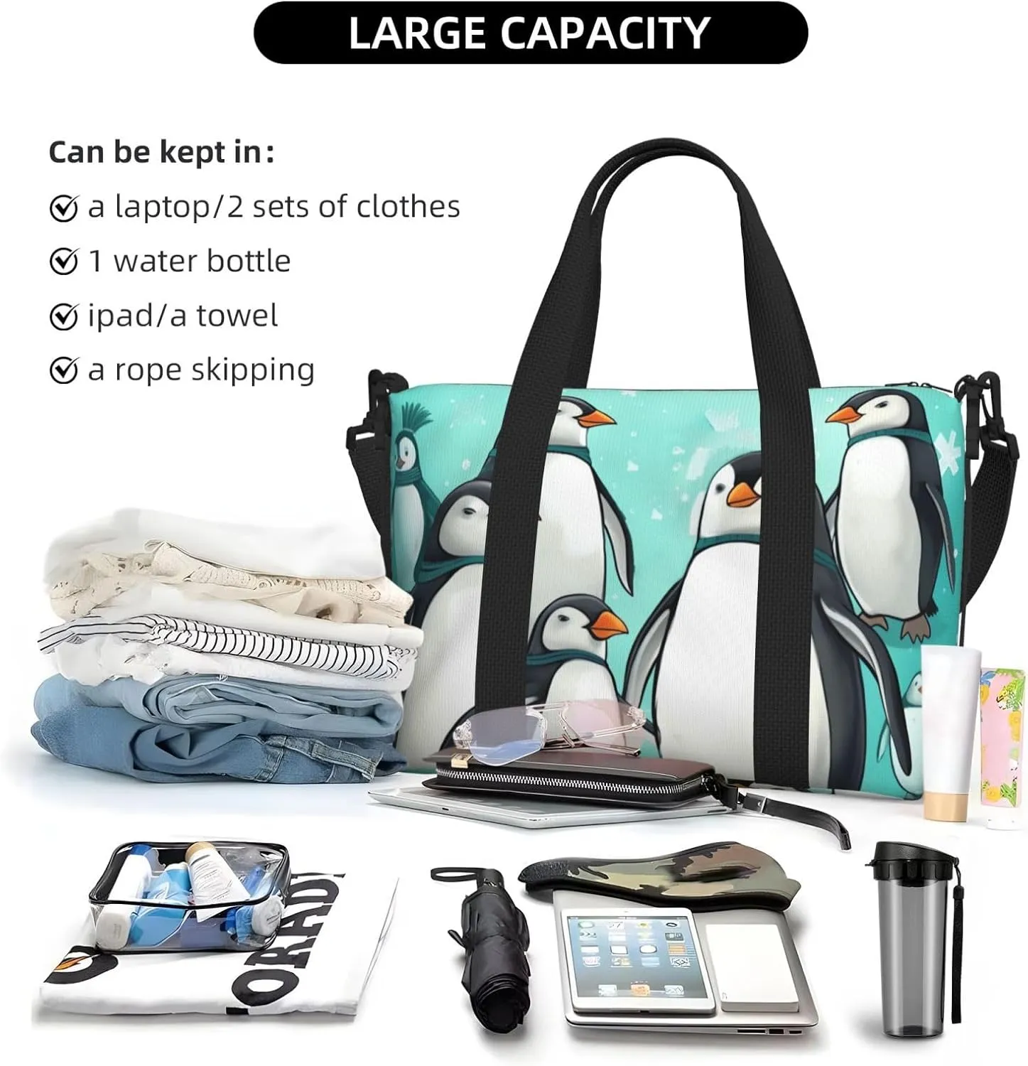 Sports Gym Bag for Women Men Travel Duffel Bag Tote Cute Penguins Weekender Bag Canvas Carry on Overnight Bag for Travel Swimming Fitness Workout Sports Duffle Bag