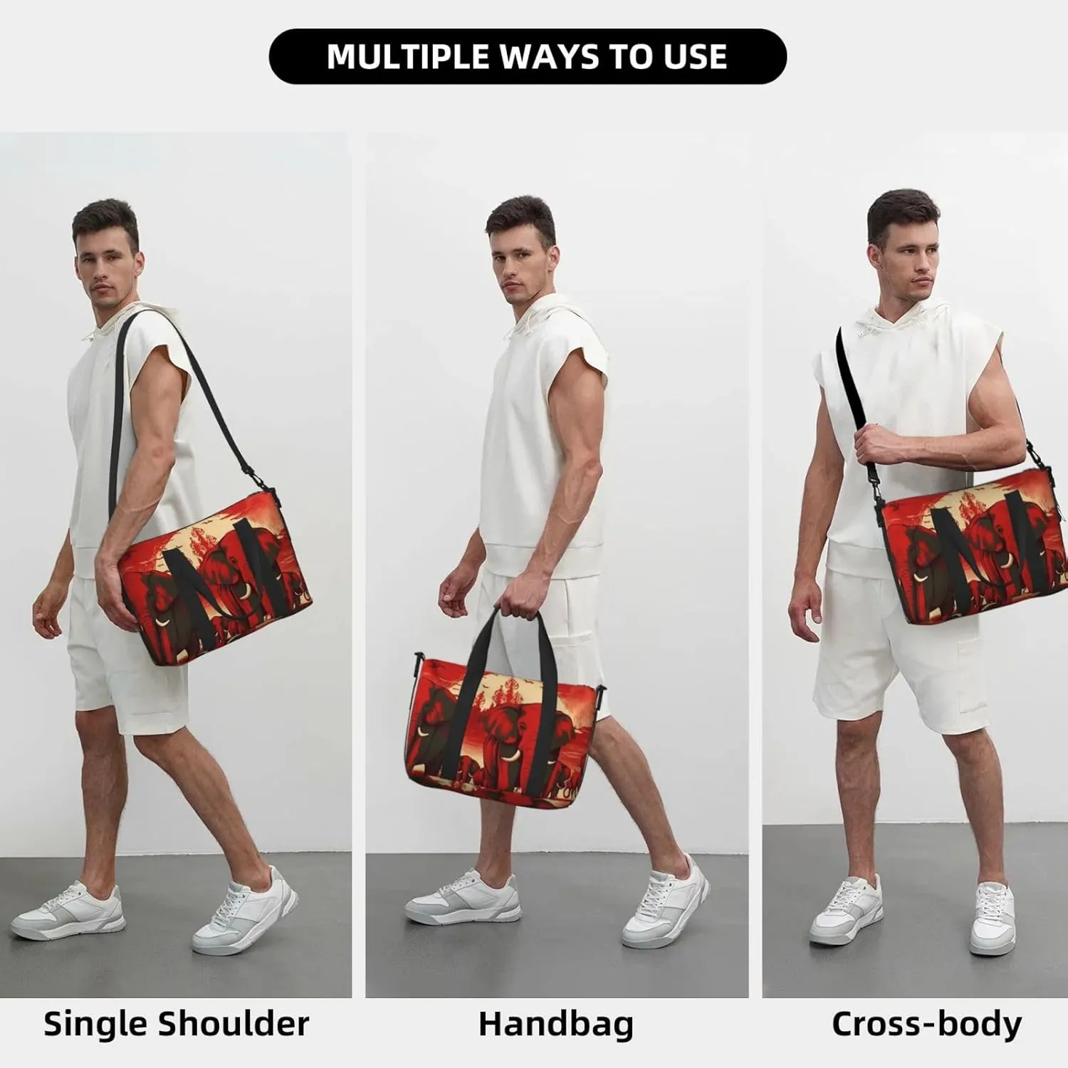 Sports Gym Bag for Women Men Travel Duffel Bag Tote Elephants Red Weekender Bag Canvas Carry on Overnight Bag for Travel Swimming Fitness Workout Sports Duffle Bag